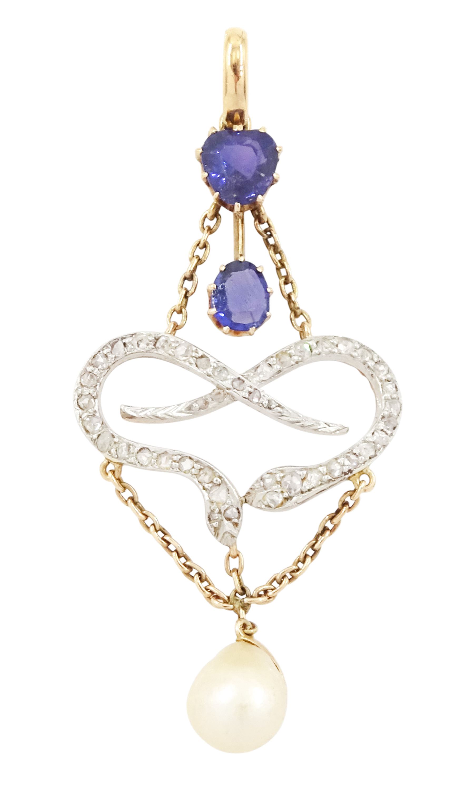 Early 20th century 15ct gold and platinum sapphire, pearl and diamond pendant, single white / cream pearl, suspending from two intertwined snakes set with rose cut diamonds, to a heart cut and an oval cut sapphire top