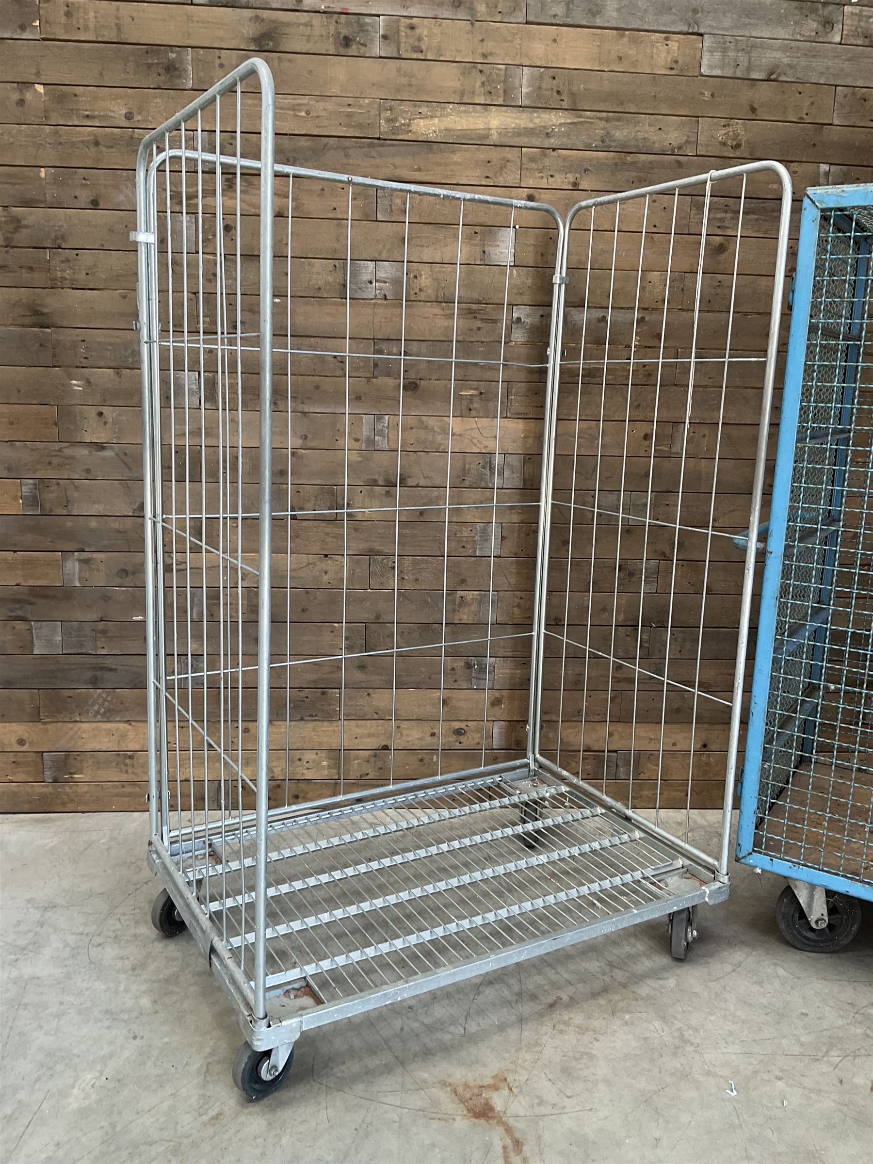 Three sided laundry roll container trolley (W119cm, D81cm, H184cm) and another trolley (W118cm, D78cm, H180cm)