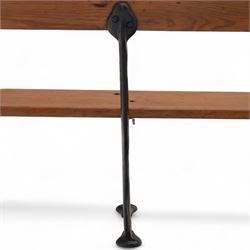 Pine garden bench, with stained and weatherproof varnish, single slat pine seat and back, raised on curved black cast iron supports