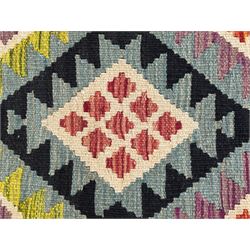 Afghan Maimana Kilim flatweave runner, handwoven with a deep teal ground showcasing a vibrant multicoloured diamond-lattice design in the traditional Maimana style, enclosed by stylised borders and finished with fringed edges 