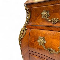 20th century Louis XV design serpentine commode, the rectangular breccia marble top with a rounded moulded edge and projecting corners, above a bombe bombe-shaped kingwood and parquetry design front of two short and two graduated drawers with rococo style handles, corners with gilt-bronze foliate mounts on short cabriole form feet with gilt bronze sabots  