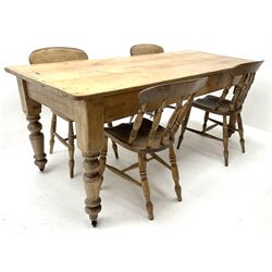 Victorian rectangular pine kitchen table, turned supports, single drawer (W189cm, H78cm, D81cm) and four spindle back chairs (W37cm)
