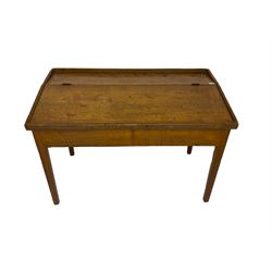 Late 19th century walnut school desk, sloped hinged lid, on square tapering supports 