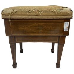 Edwardian inlaid mahogany piano stool, upholstered adjustable seat, inlaid with geometric boxwood stringing, on square tapering supports with spade feet