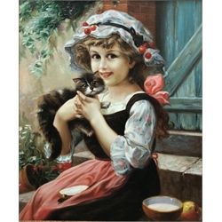 English School (Late 20th century): Girl with a Kitten, oil on canvas laid on board unsigned 59cm x 49cm