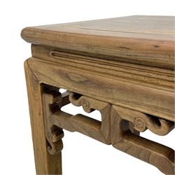 Early 19th century Chinese Qing dynasty jichimu wood stool or side table, Shanxi province, panelled square top, shaped upper rail carved with scrolls, on square supports with hoof feet 