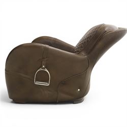 Timothy Oulton - saddle chair and stool upholstered in chocolate brown leather, with reclined back with diamond quilted cushions, stirrups upholstered to the sides  