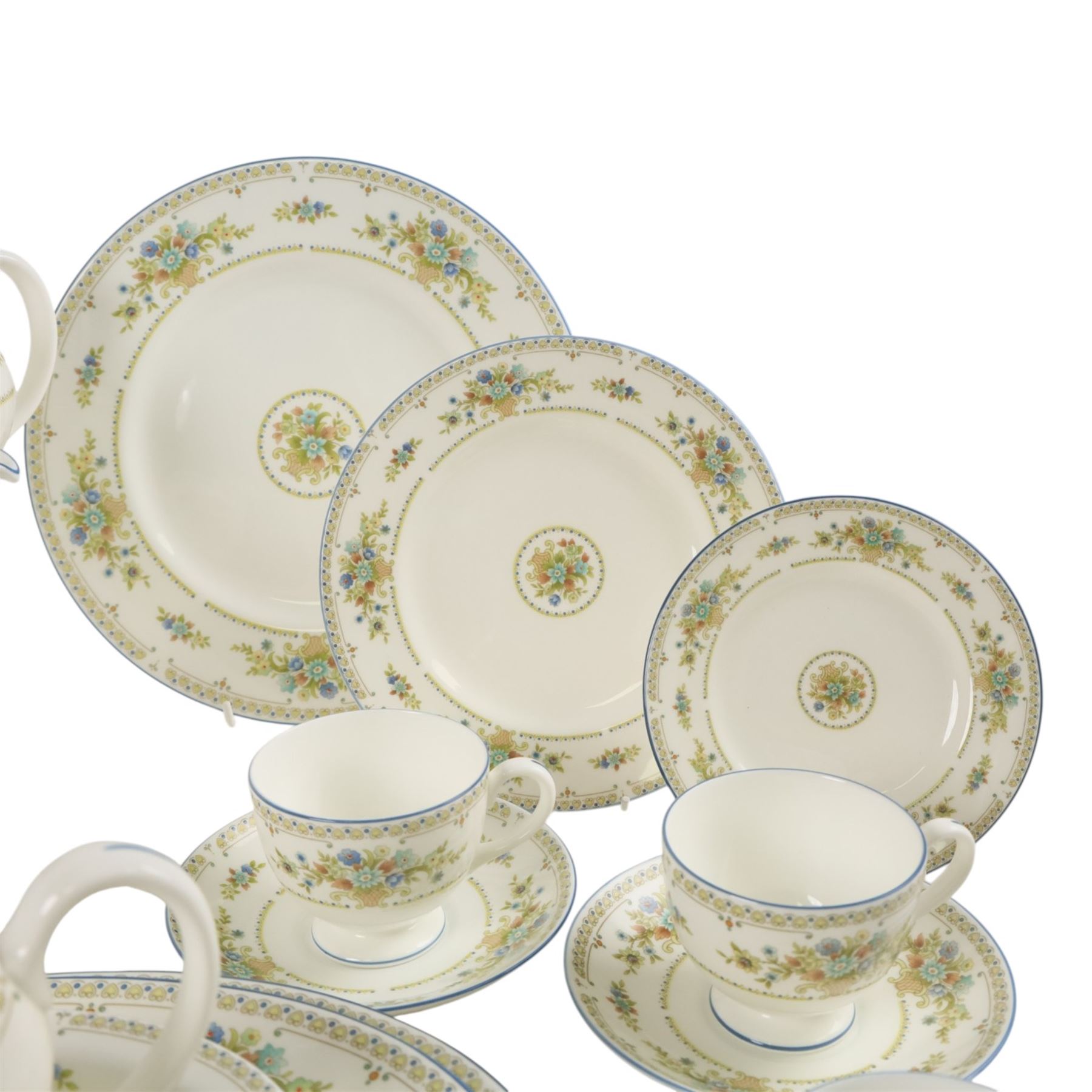 Wedgwood Petersham tea and dinner service, including, teapot, coffee pot covered sucrier, milk jug, ten dinner plates, fifteen bowls covered dished etc 