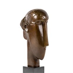 After Amedeo Modigliani - bronze sculpture modelled as a female face, upon a square base, overall H38cm