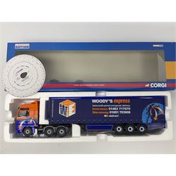 Corgi - three limited edition Hauliers of Renown lorries; CC13231 DAF XF Curtainside James Irlam & Sons Ltd; CC13420 MAN TGA Curtainside Woody's Express; and CC13603 DAF CF Curtainside Tyson H. H. Burridge Ltd; all boxed (3)
