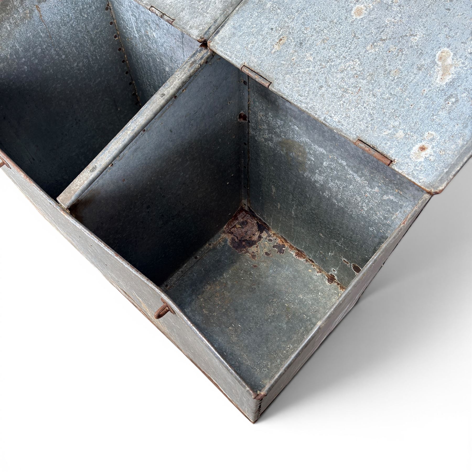 Early 20th century galvanised two division feed bin, sloped top