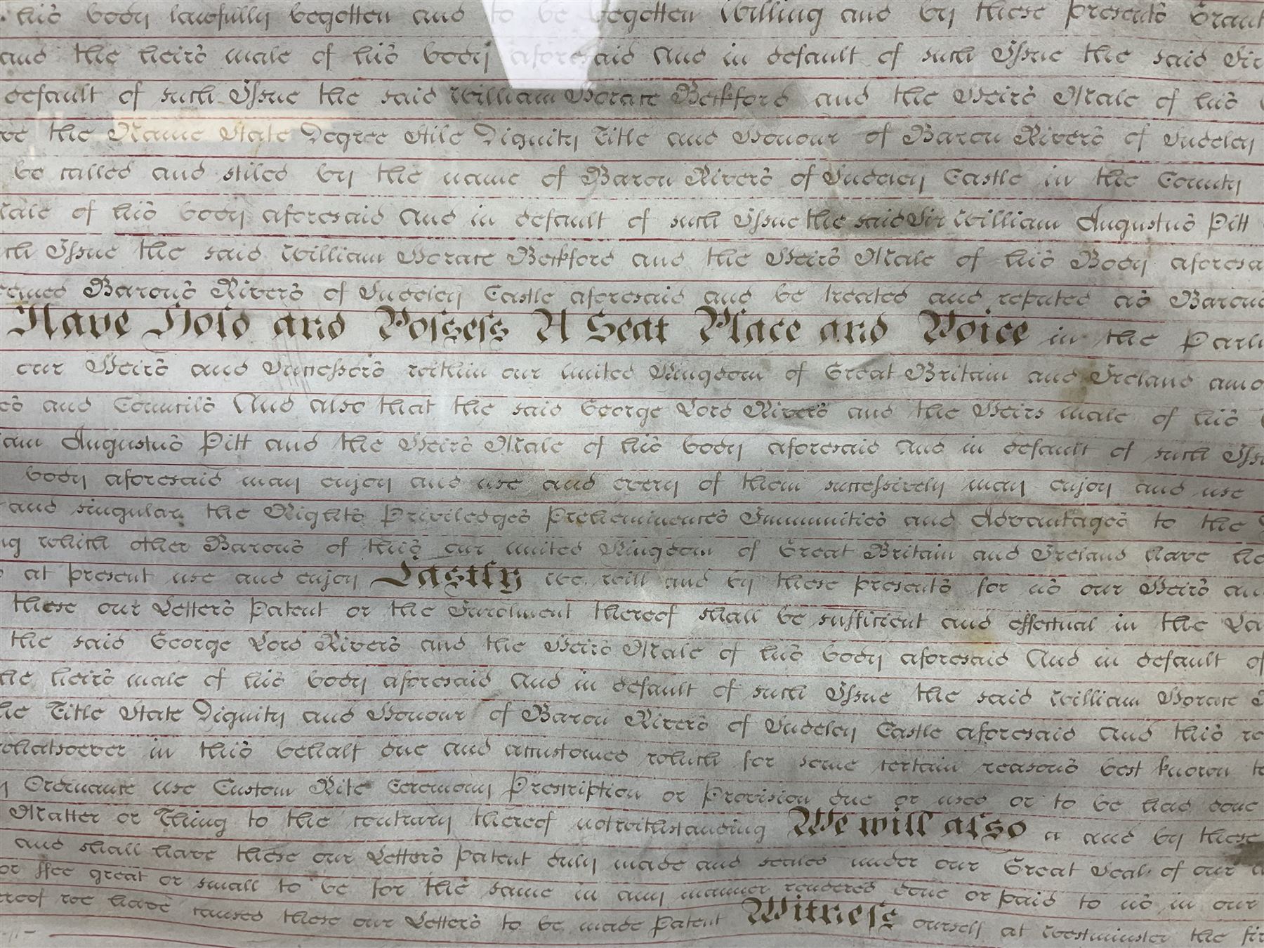 Large 18th century framed and glazed Indenture for King George III to George Rivers, Lord Rivers of Straths Saye, including frame H92.5cm L107.5cm