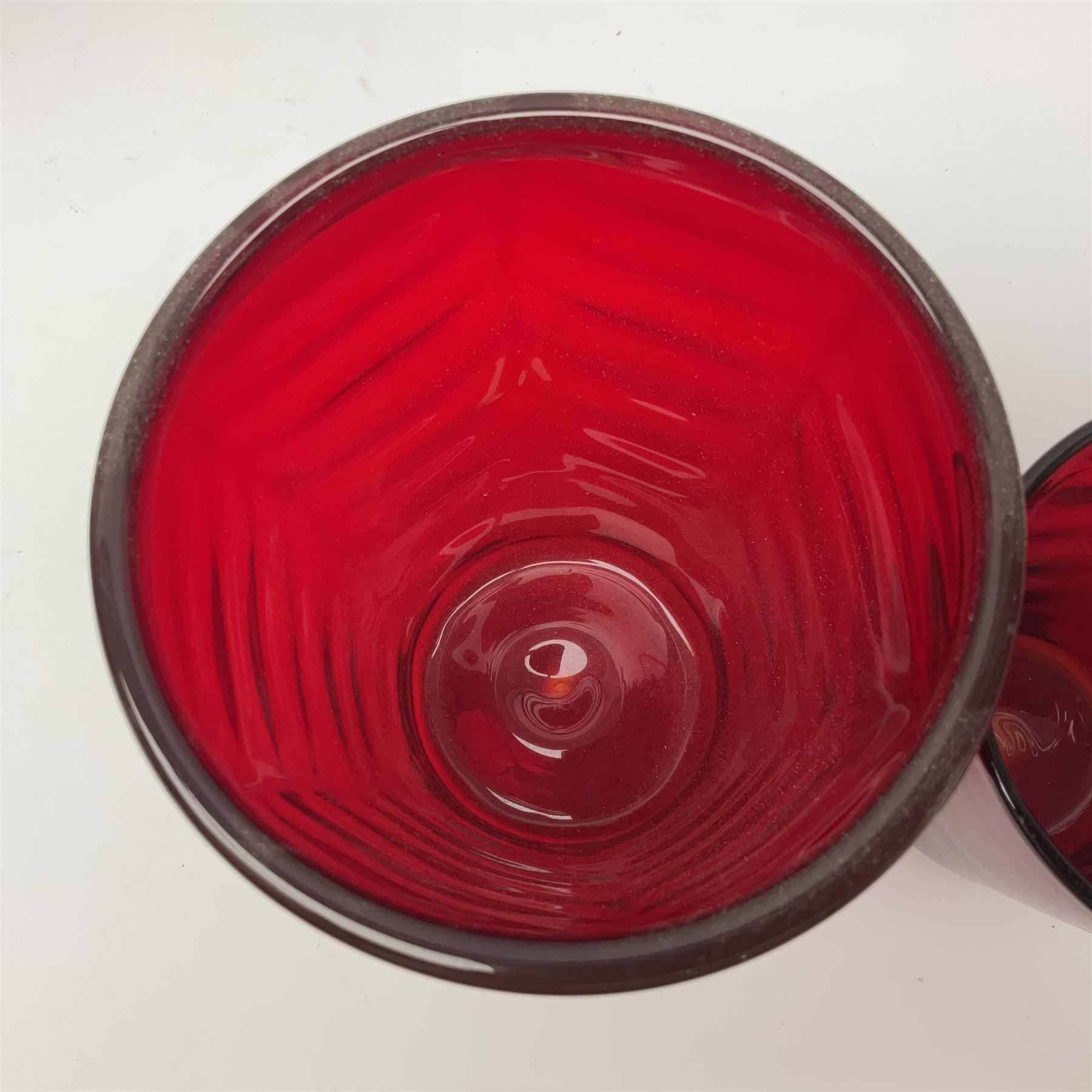 Marriott Powell for Whitefriars, Optic Wave red glass bucket vase, together with similar smaller example, tallest H20cm