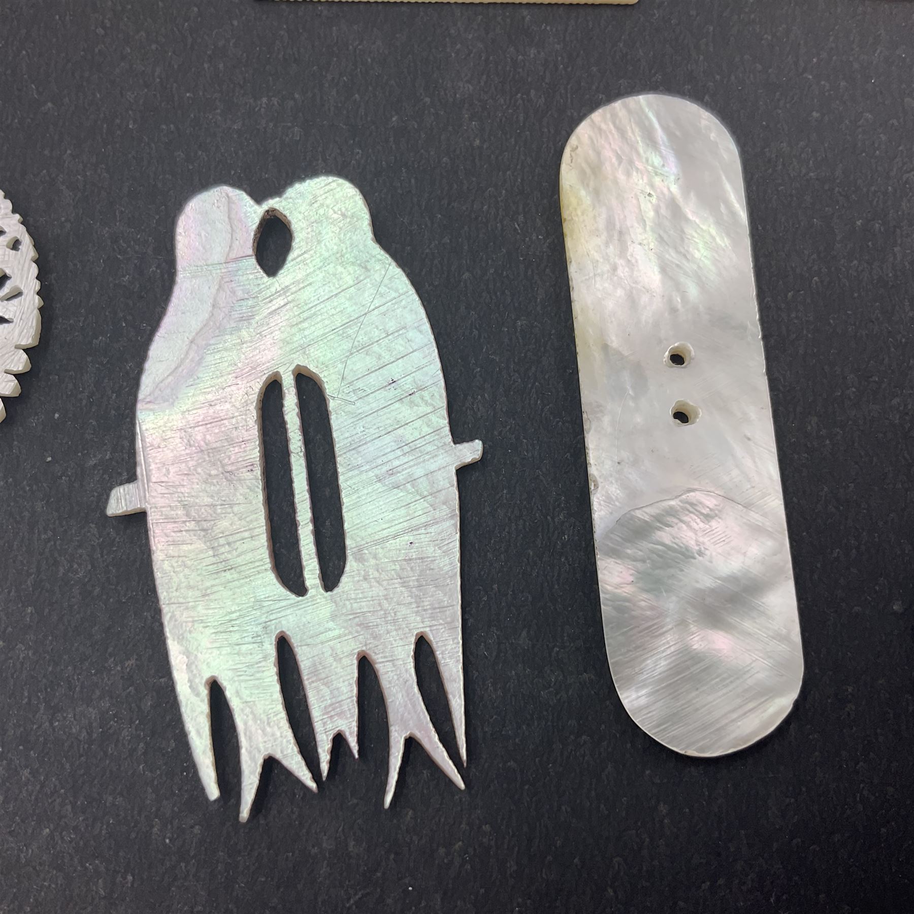 Two silver fruit knives with mother of pearl handles, hallmarked, mother of pearl tokens and similar items 