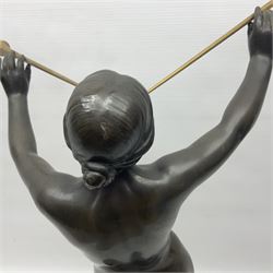 After Eugen Schlipf, Fanfair, bronzed female figure playing two horns, upon a circular marble plinth, H57cm