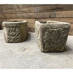 Ornate cast stone rectangular garden planter, lion mask and swag detail, and s similar planter (2)