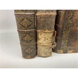 Three 17th century Lugduni (Lyon) printed books each with engraved title page in red and black comprising R.P. Corn Cornelii A Lapide .... Tomus Primus. 1690; R.P. Cornelii Cornelii A Lapide .... 1683; and Hortus Pastorum Sacrae Doctrinae Floribus Polymitus .... 1668. All folio with full calf bindings (3)
