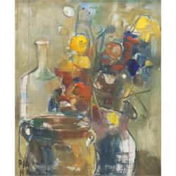 Pia Hesselmark-Campbell (Swedish 1910-2013): Flowers and Bottles, oil on canvas signed 45cm x 37cm