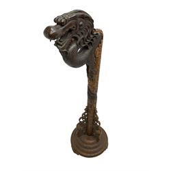 Mid to late 20th century carved hardwood lantern stand, carved with scaled dragon, on circular stepped base with carved decoration  