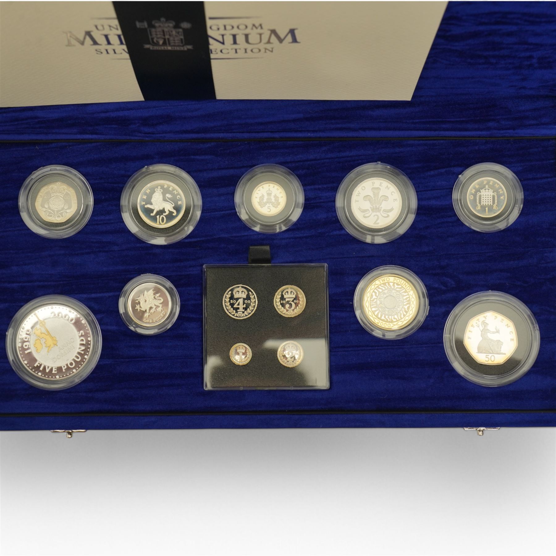 The Royal Mint United Kingdom 2000 silver proof 'Millennium' coin collection, including Maundy coins, number 12291, cased with certificate
