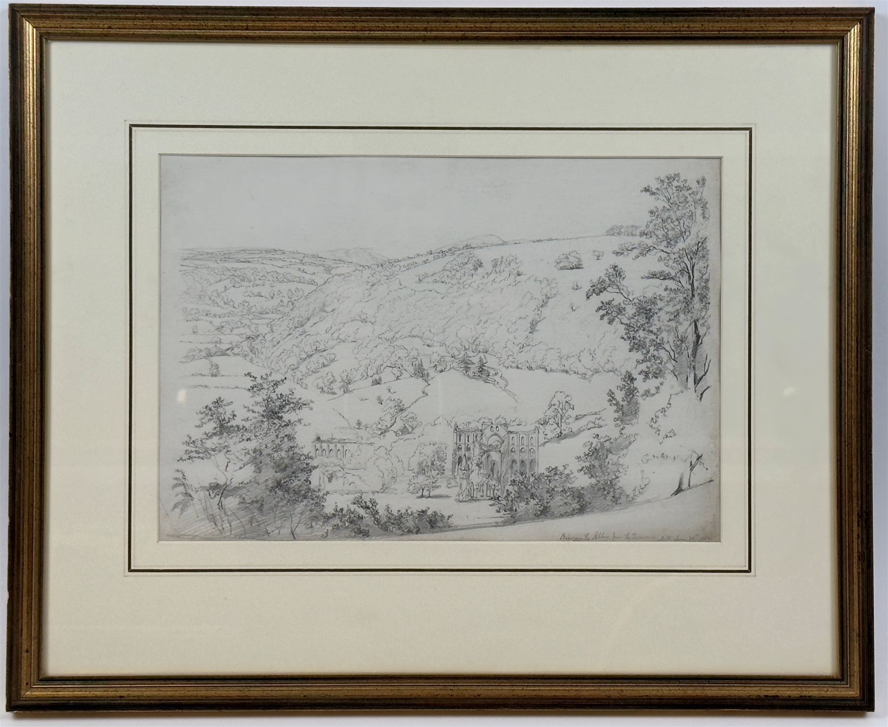 Mary Weatherill (British 1834-1913): 'Rievaulx Abbey from the Terraces', pencil sketch signed with initials, titled and dated 1850, 25cm x 36cm 