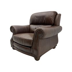 Three seat sofa (W234cm, D100cm), and pair of matching armchairs (W113cm, D100cm), upholstered in brown leather