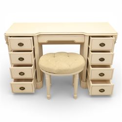 Contemporary French design white painted bedroom suite retailed by Barkers of Northallerton, comprising wide chest fitted with four short and four long drawers with oval brass handles (H 70cm, W 159cm, D 46cm), pair of bedside chests each fitted with three drawers (H 62cm, W 40cm, D 46cm), dressing table fitted with four short drawers and central kneehole with shaped apron (H 79cm, W 131cm, D 46cm) with matching framed wall mounted mirror (H 100cm, W 113cm), and full length standing mirror (H 175cm, W 73cm)