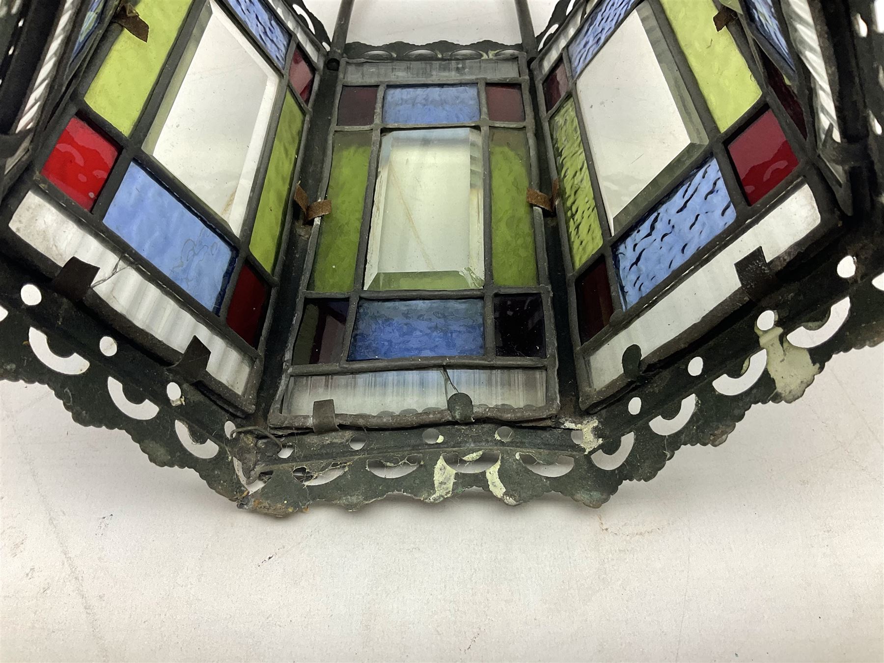 Victorian brass and stained leaded glass hall lantern, of hexagonal form, supported by four domed arms and pierced fret, H46cm W20cm