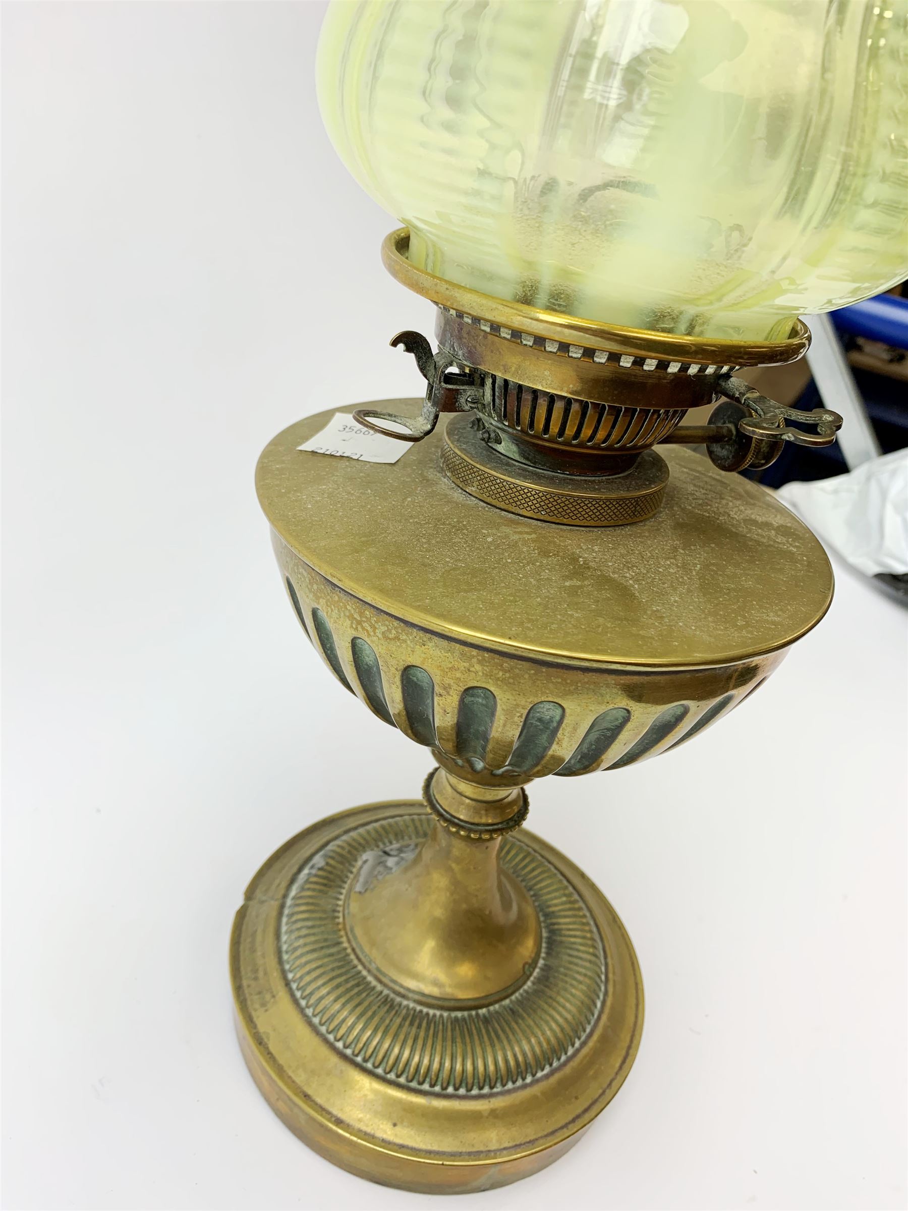 A Victorian Hinks' London Duplex brass oil lamp, with frilled