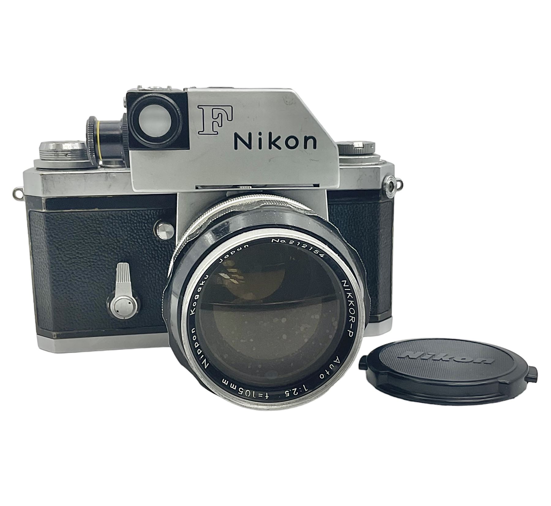 Nikon F Photomic NKJ camera body, marked 'US Dept of Defense ... U.S.A.F DA Nang, serial no. 6561811, with 'Nippon Kogaku NIKKOR-P Auto 1:2.5 f=105mm' lens, serial no. 212154