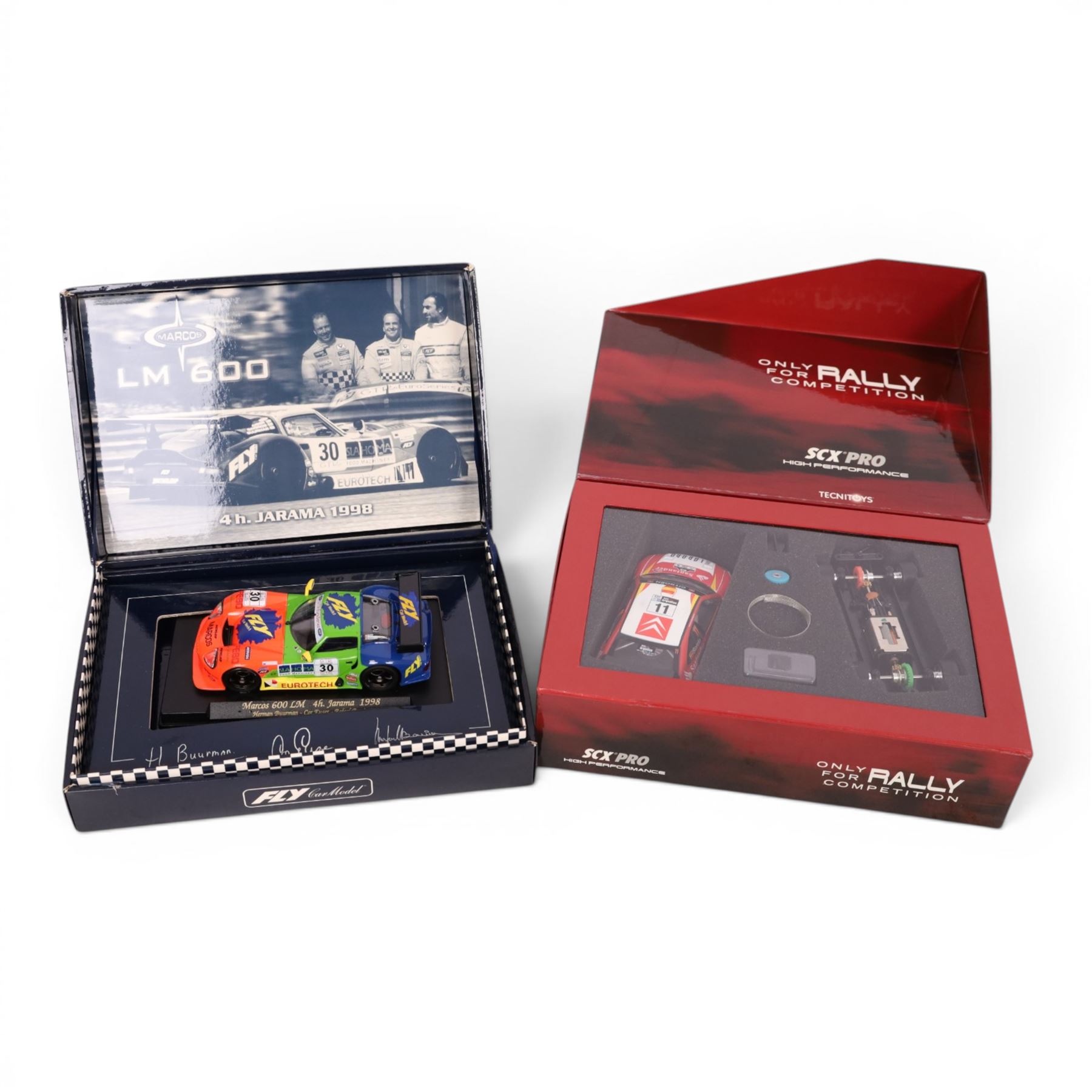 Fly Car Model 1:32 scale slot car no. A27 LM 600 4h Jarama 1998, together with SCX Pro slot car no. 50250 Citroen Xsara, both boxed
