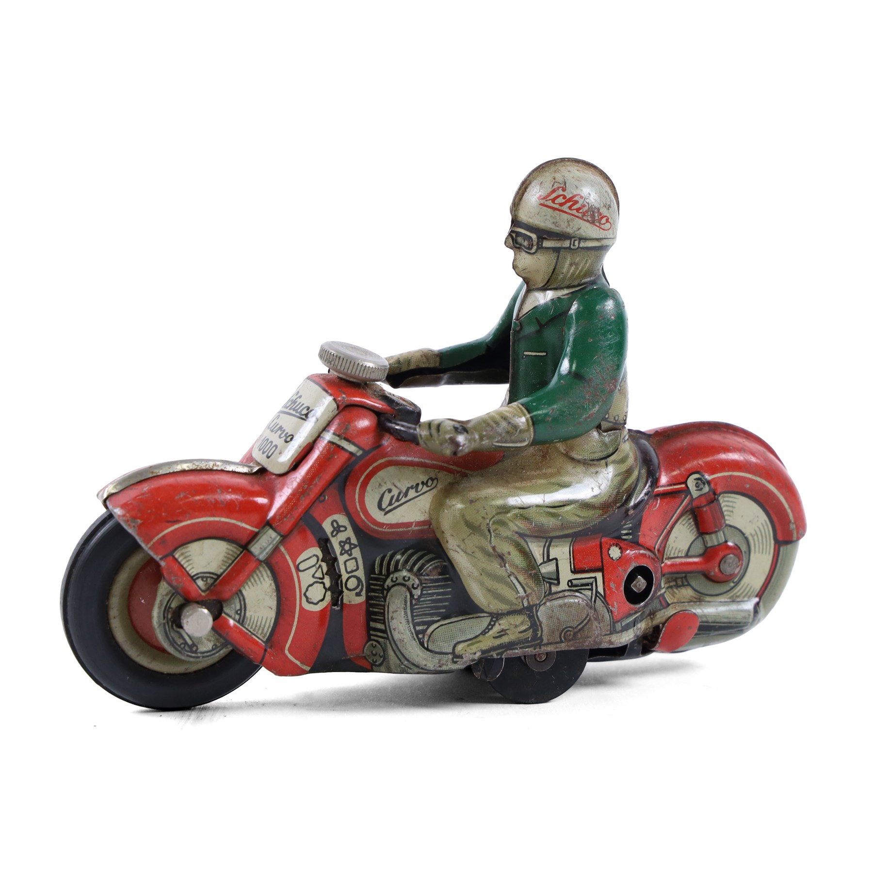 Schuco Curvo 1000 tinplate clockwork motorcycle, in red and cream, with rider in green jacket