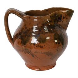 David Garland (b.1941) jug, dark brown glaze with splashes of green and black, signed beneath, H16cm