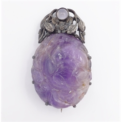 Early 20th century Chinese lotus carved amethyst and jade silver brooch   