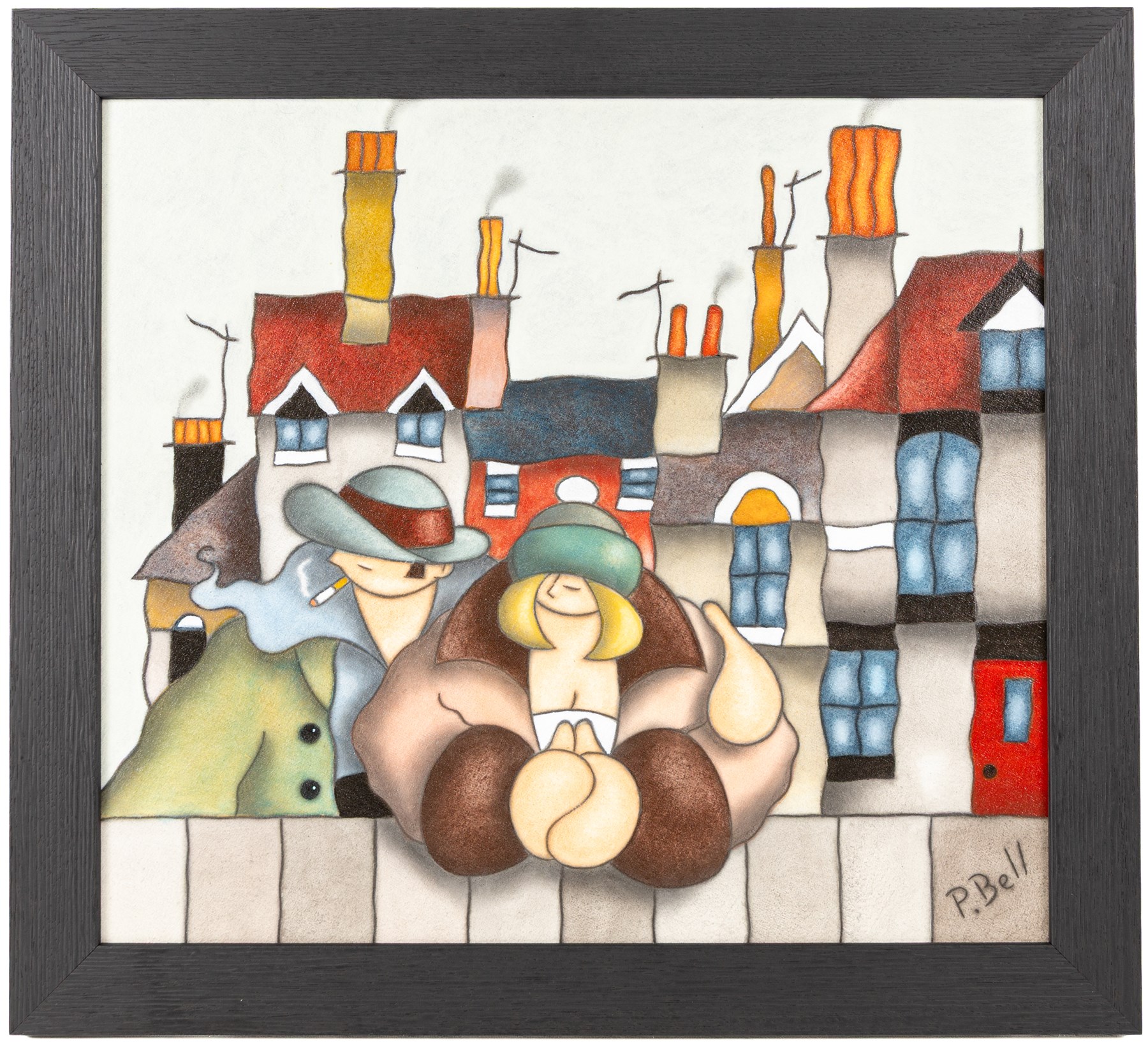 Peter Bell (Hull Contemporary): Couple Leaning Over Garden Fence, oil on canvas board signed 32cm x 35.5cm