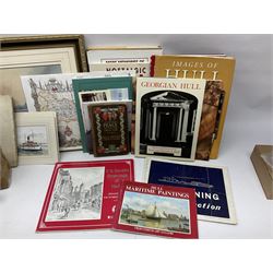 W. Marshall (20th century) - Town Dock Hull; watercolour; gilt frame; two Amy Johnson enamelled brooches as aircraft and Amy Johnson medallion; and quantity of books and booklets of Hull interest