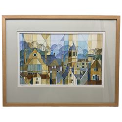 Pam Pebworth (British 1931-2019): Geometric 'Townscape', watercolour signed and dated 2000, 30cm x 49cm