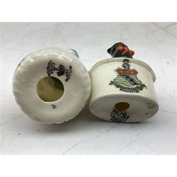 Five crested ware Good Luck black cats, comprising two Willow Art examples, two Arcadian examples and one Carlton China, to include Bridlington, Hull, Filey, etc, tallest H9cm