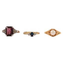 18ct gold faux pearl ring, 9ct gold stone set ring and a 9ct gold and silver stone set rin...