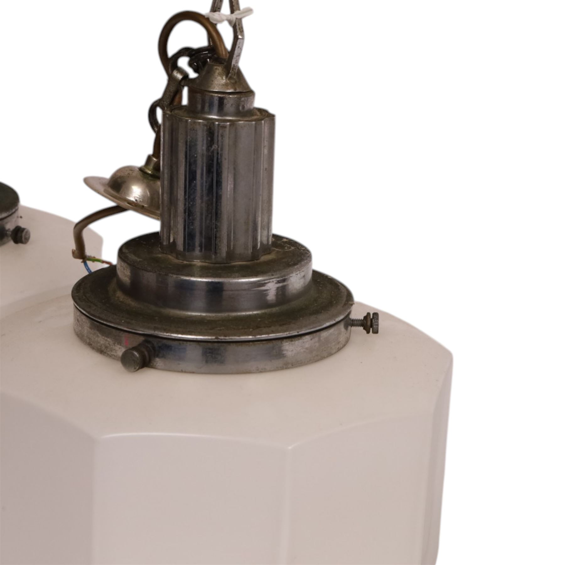 Pair of  mid-century milk glass nonagon ceiling light fittings, together with one other, pair H45cm