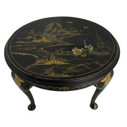 Early 20th century Chinoiserie lacquered circular occasional table, raised gilt decoration depicting traditional landscape scenes, on cabriole supports