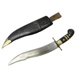 Indian khanjar with 27cm curving steel blade, brass cross-piece and metal bound horn grip in tooled leather scabbard L42cm overall