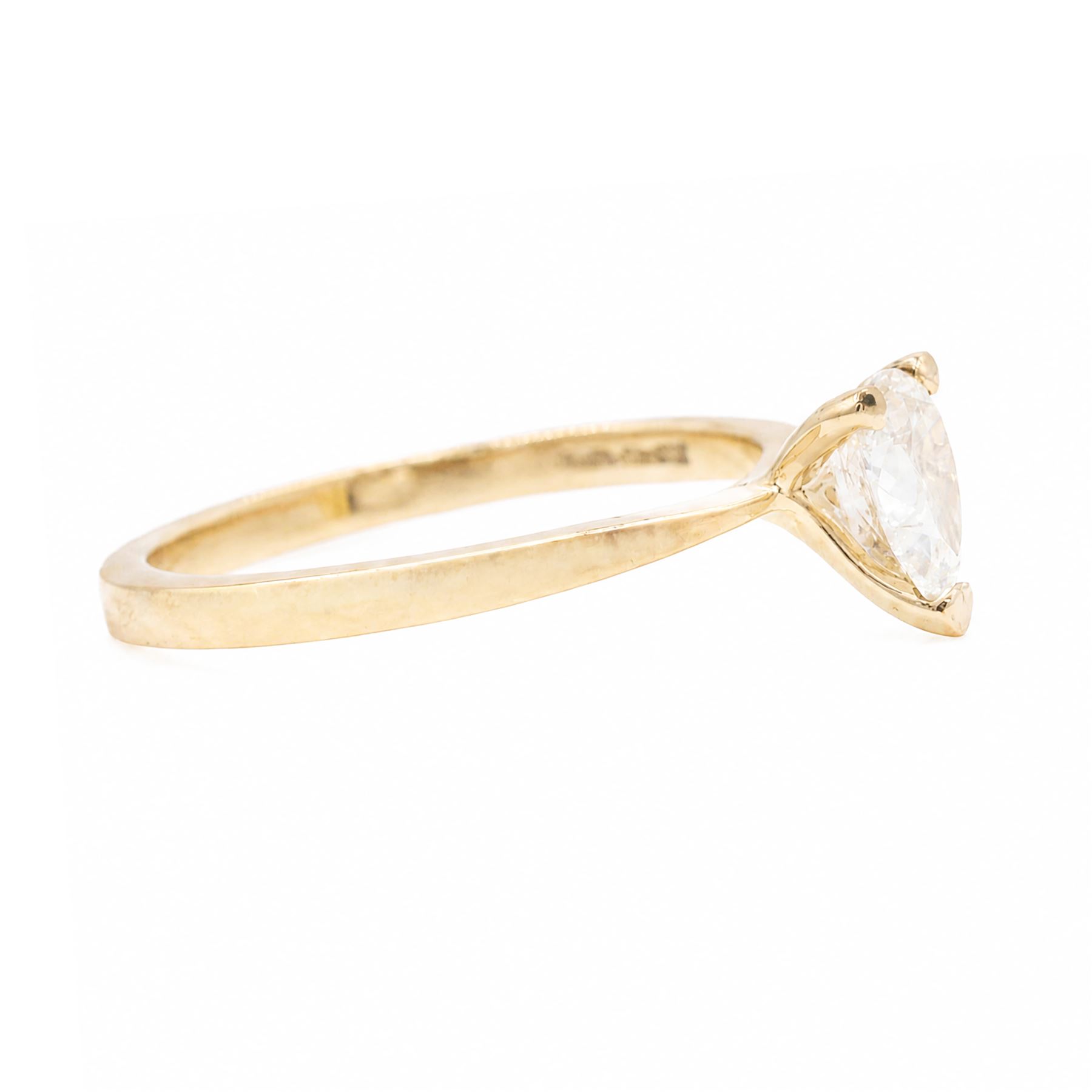 18ct rose gold diamond ring, three claw set with a single pear cut diamond of 0.52 carat, hallmarked, boxed with with GIA report