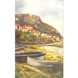  'Runswick Bay', oil on board signed and dated 1968 by E.M Bulmer, Sailing Vessels at Sea, oil on board and canvas, The Camp Fire, oil on canvas and three other pictures max 46cm x 61cm (7)  