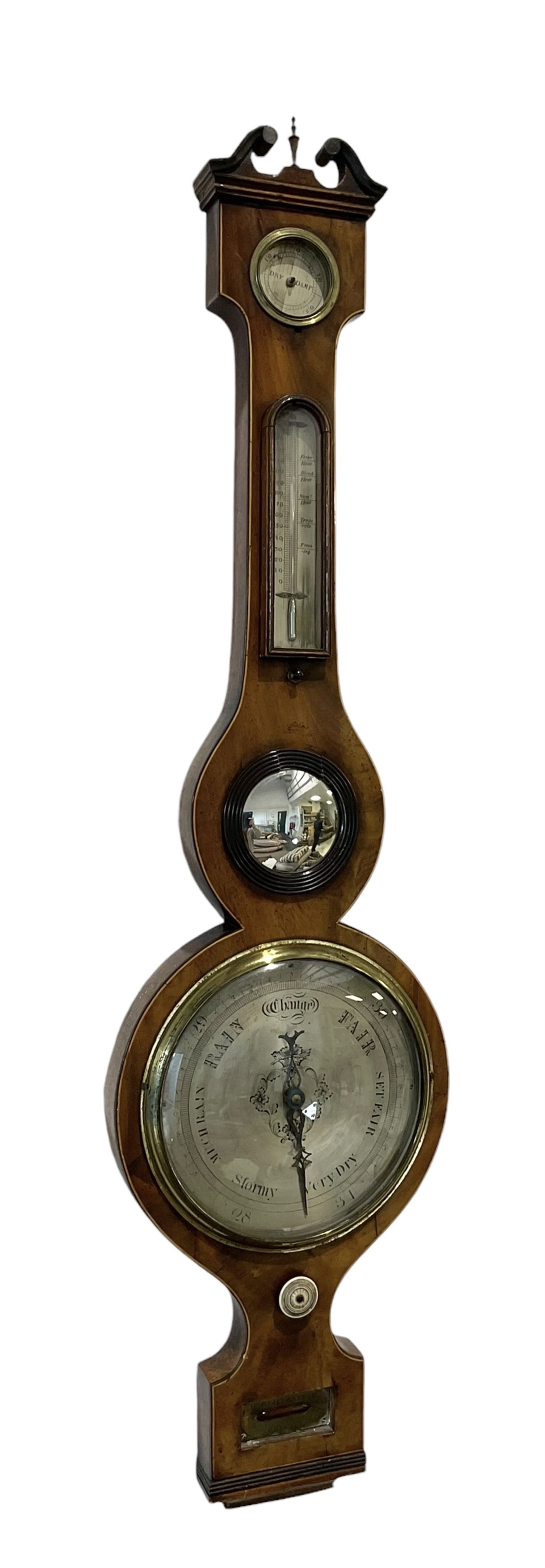 Mid 19th century mercury barometer - in a walnut case with a swan neck pediment, hygrometer, mercury thermometer, butlers mirror and spirit level, 8