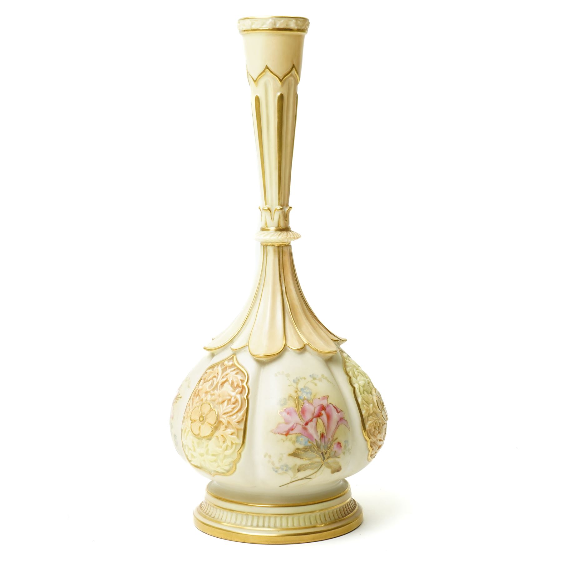Late Victorian Royal Worcester bottle vase decorated with panels of flowers on a blush ivory ground, shape 859, date code 1894 H28cm