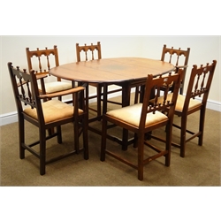  Set Ercol old colonial Yorkshire dining chairs (4+2), upholstered seat, square supports (W60cm) and an oval drop leaf dining table (W137cm, H74cm, D92cm) (7)  
