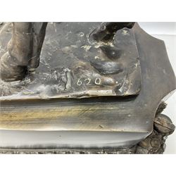 Large and impressive bronze figure of Wellington seated on a horse, on a sarcophogus shaped stepped base impressed 'Meunier Paris', the canted corners inset with battle trophies H68cm L50cm D22cm