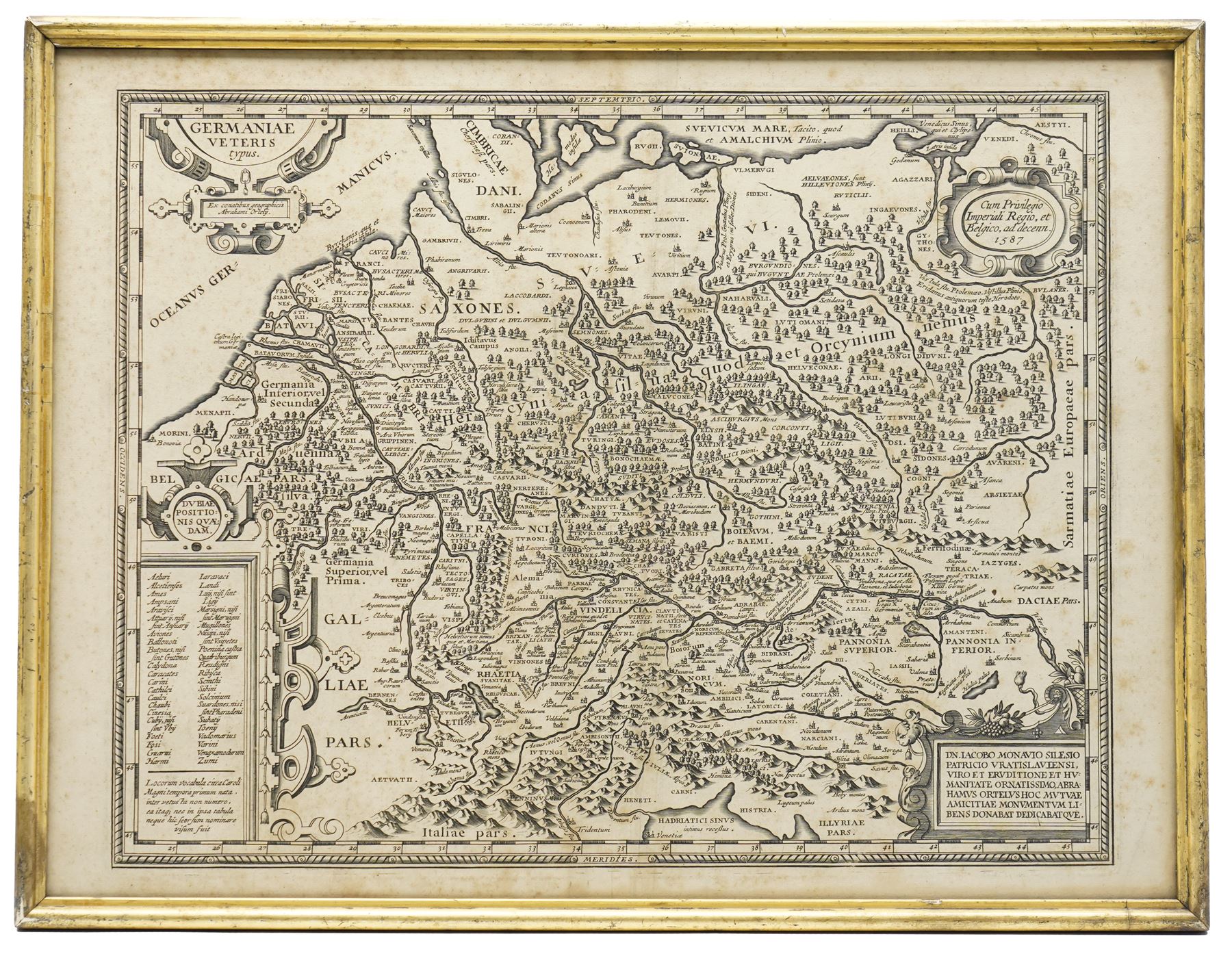 Abraham Ortelius (Belgian 1527-1598): 'Germaniae Veteris Typus', 16th century engraved map of Germany pub. c.1587, 40cm x 52cm; Abraham Ortelius (Belgian 1527-1598) after Johannes Sambucus (Hungarian 1531-1584): ‘Transilvania’, 16th century engraved map of Transylvania, pub. c.1580, 34cm x 46cm (2)