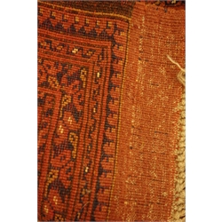  Persian Bokhara pale red ground rug carpet, with blue Guls and stylised flower heard border, 295cm x 206cm  